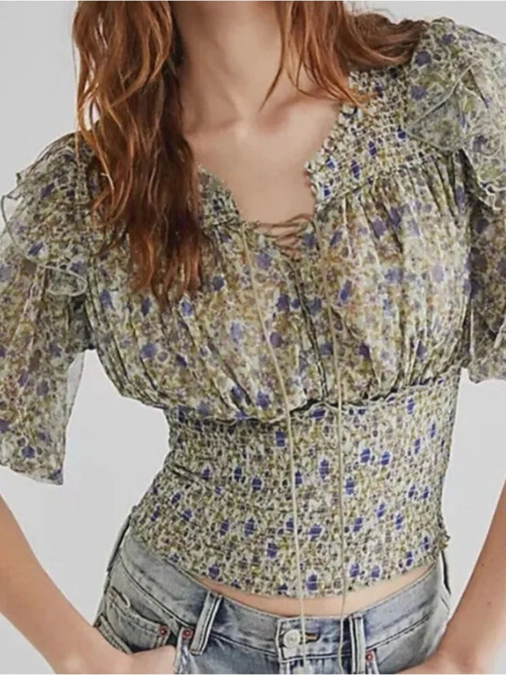 Free People Beatrice Floral Smocked Peasant Corset Blouse Top Green Puff Sleeve